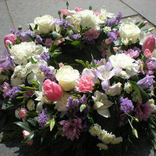 Cream Rose, Lilac and Pink Funeral Wreath - Millefiori Flowers Amesbury